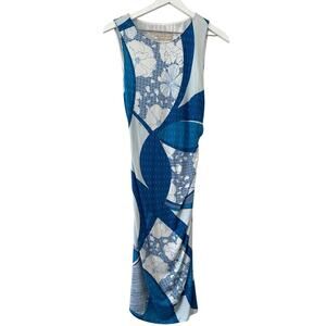 Emilio Pucci Blue & White Floral Geometric Print Sleeveless Midi Dress Size 8